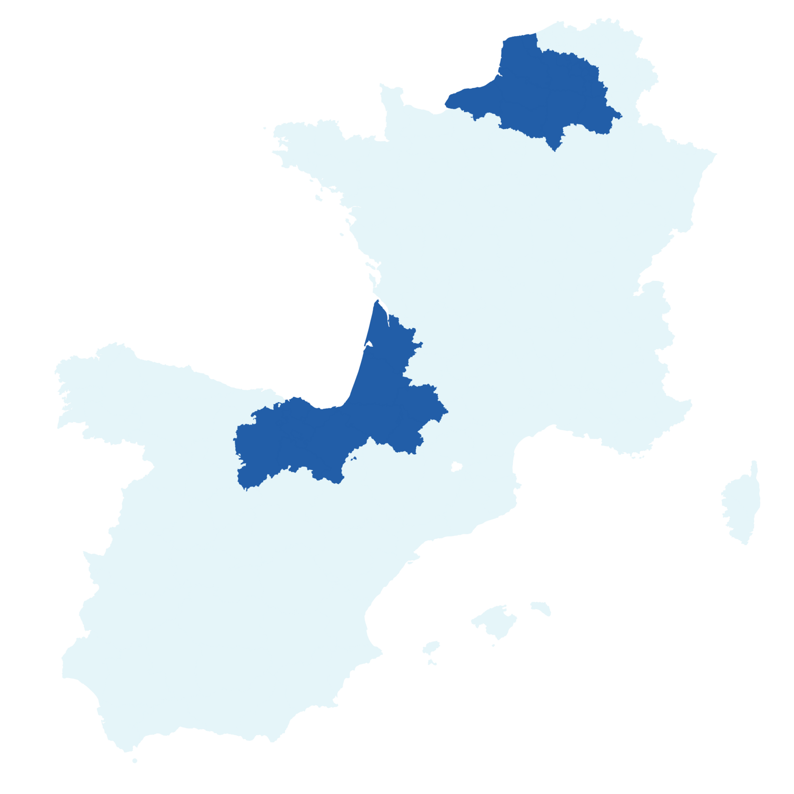 Map with highlighted regions of France, Spain and Belgium